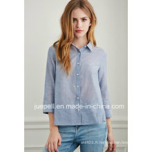 Button-Tab 3/4 Sleeves Classic Chambray Fashion Blouse